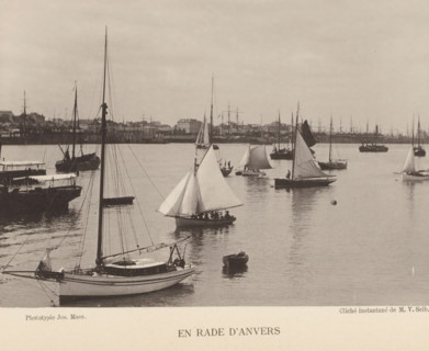 Sailing ships at the port of Antwerp, En rade d'Anvers, page, photomechanical print, inscription:
