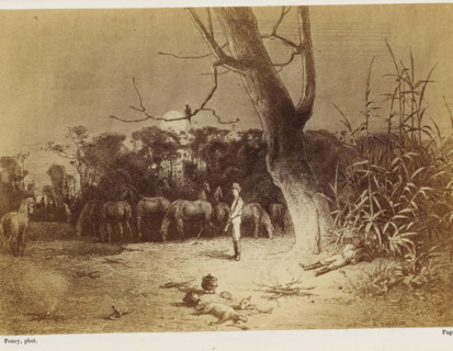 Photo reproduction of a drawing of a camp in the Australian outback, Jack devait dormir le premier,