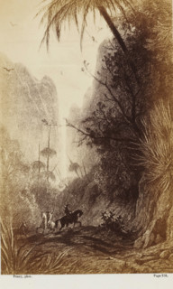 Photo reproduction of a drawing of horsemen in a valley in Australia, Les derniers rayons du soleil
