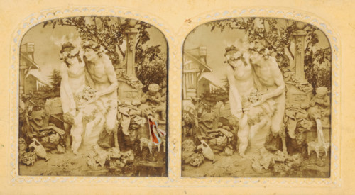 Mythological figures, presumably made of wax, for a backdrop, tissue stereograph, Europe, c. 1850 -