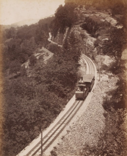 View of a cog train between Rigi Kulm and Vitznau, Switzerland, Rigibahn, photograph, inscription: