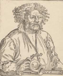 Portrait of an unknown man with a cross on a chain and a horn, print, album page, Print is part of