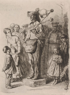Singer with a stringed instrument surrounded by listeners, Le marquis de la vessie, print,