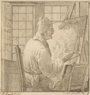 Portrait of the artist Frans Adriaensz. Boudewyns, print, Boudewyns sits at his easel and works on