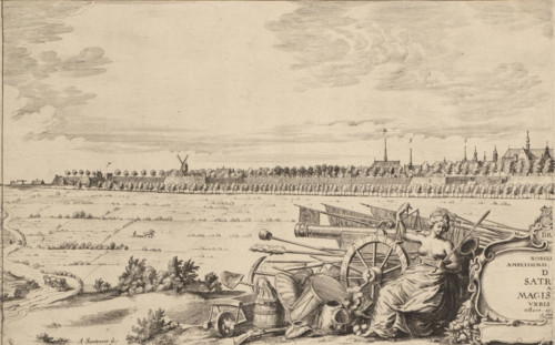 View of Breda from the northwest (left sheet), print, Justitia sits next to a cartouche. Beside and