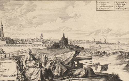 View of Breda from the northwest (right sheet), print, The personification of abundance sits next