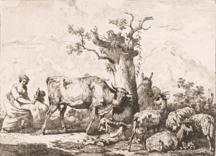 Landscape with cattle around a tree and a man and woman embracing, print, printmaker: attributed to