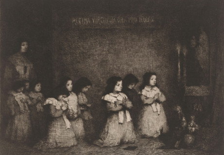 The Prayer, Group of girls in prayer before a statue of the Virgin Mary, Eaux-Fortes Modernes: