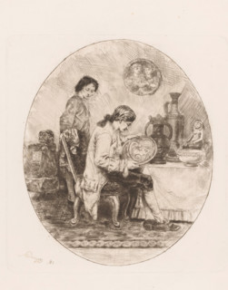 Art lover studies antique porcelain and earthenware, print, printmaker: Willem Linnig (II), 1881,