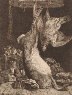 Still life with a hare and partridge at a game crown, print, printmaker: Paul Emile Nicolié, 1880,