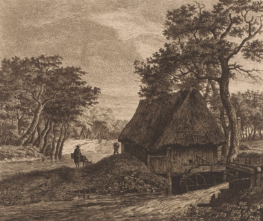 Landscape with watermill, print, printmaker: Jean Théodore Joseph Linnig, after design by Meindert
