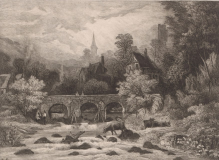 Landscape with village in a mountain valley along a river with bridge, print, printmaker: Auguste