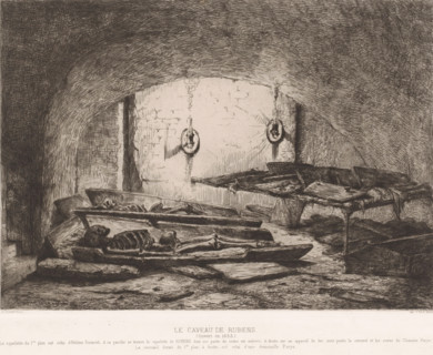 Rubens' burial vault with two skeletons in an open coffin, Le caveau de Rubens (ouvert en 1855),