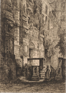 Two figures at the facade of the castle in Heidelberg, print, printmaker: François Stroobant,