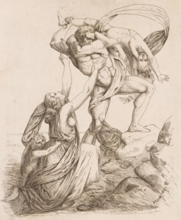 Achilles slams Astyanax against the rocks, print, printmaker: Heinrich Vianden, Germany (possibly),