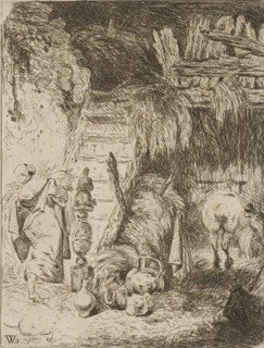Farmer's wife in a barn walking up a staircase, print, printmaker: Willem Linnig (II), 1852 - 1889,