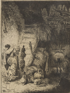 Farmer's wife in a barn walking up a staircase, print, printmaker: Willem Linnig (II), 1852 - 1889,