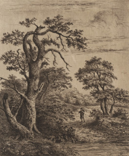 Landscape with walker near water, print, printmaker: Jean Théodore Joseph Linnig, after drawing by