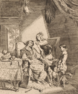 Anthony van Dyck on his deathbed, print, Van Dyck sits in a large chair by a table surrounded by a