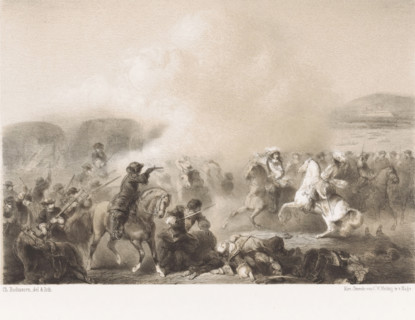 Captain Ossenbroek wounds Condé with a pistol shot, The Two Pistol Shots, print, book illustration,
