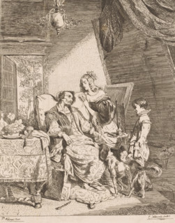 Anthony van Dyck on his deathbed, print, Van Dyck sits in a large chair by a table surrounded by a