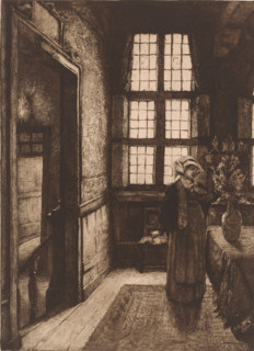 Lady in an interior arranging flowers, print, mark: 'Antwerpsche Etsers 1880', printmaker: Léon