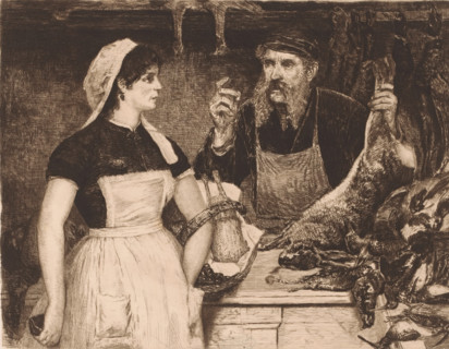 Woman enters a butcher's stall, print, The seller holds a hare in his hands and poultry lies on the
