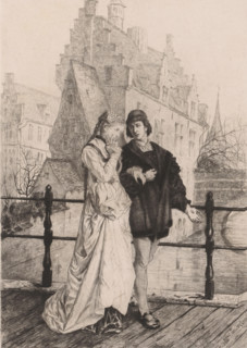 Young couple walks arm in arm across a bridge, print, The couple is wearing medieval-style clothing