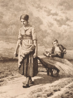 Woman walking across the field with a wheelbarrow of hay and a child, print, mark: 'Antwerpsche