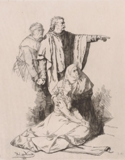 Two men, one pointing, standing behind two women seated on the ground, print, printmaker: Juliaan
