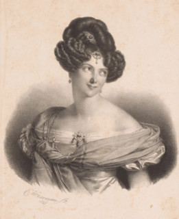 Portrait of Henriette Sontag, print, The sitter wears jewelry in her hair, on her forehead, and