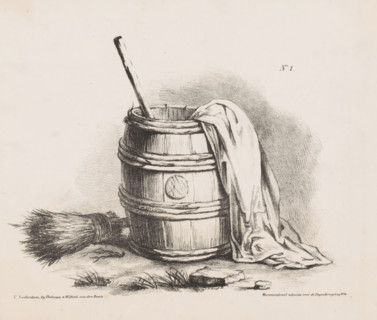 Wooden barrel with broom and cloth, Landscapes as examples for young artists, print, Series number,