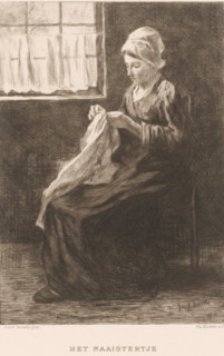 The Little Seamstress, print, printmaker: Philip Zilcken, after painting by Jozef Israëls, printer