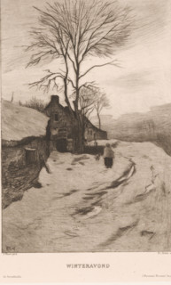Winter evening (original title on object), print, Farms along a road with bare trees, on the road a