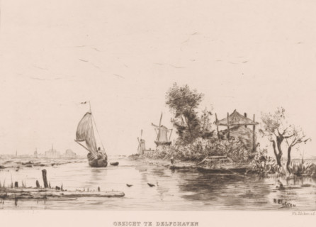 View of Delfshaven (original title on object), print, Water landscape with sailboat, windmills, a
