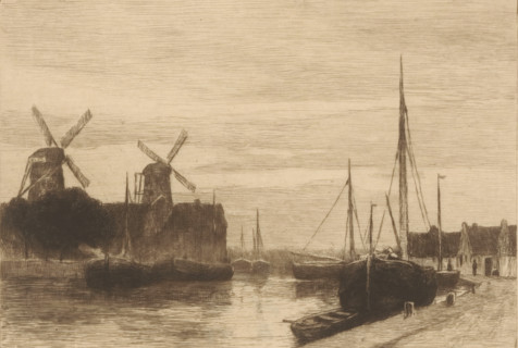 River view with moored boats and two windmills, Aan 't Spaarne (original title), print, printmaker: