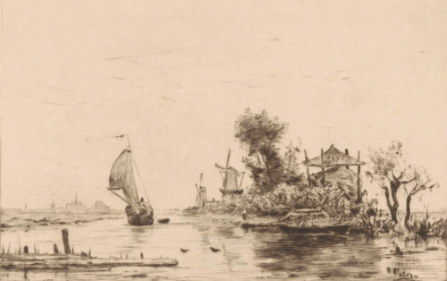 View of Delfshaven, Delfshaven (original title), print, Water landscape with sailboat, windmills, a