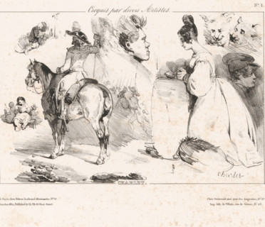 Sketch sheet with various figures and animals, Sketches by various artists, Croquis par divers