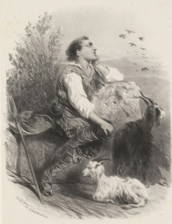 Sitting shepherd next to two goats, print, printmaker: Célestin François Nanteuil, 1823 - 1873,