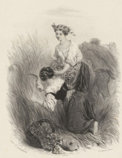 Two women harvesting wheat, print, printmaker: Célestin François Nanteuil, printer (person): Victor