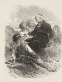 Clergyman sitting on a rock surrounded by children, print, printmaker: Célestin François Nanteuil,