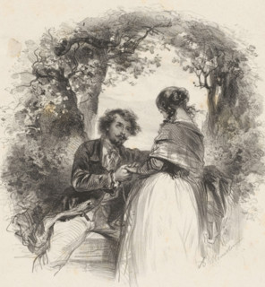 Love couple in a garden, print, printmaker: Adolphe Mouilleron, 1830 - 1881, paper, chine collé,