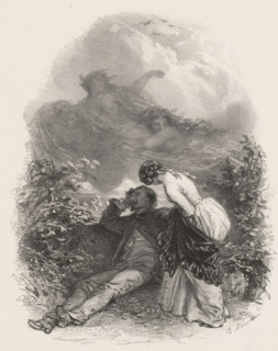 Woman bending over dreaming man outside, print, printmaker: Adolphe Mouilleron, printer (person):