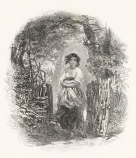 Young woman with apron walks through wooden gate, print, printmaker: Adolphe Mouilleron, printer