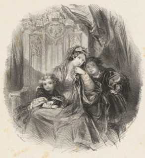 Valentina Visconti on a throne with two young children at her side, print, printmaker: Adolphe