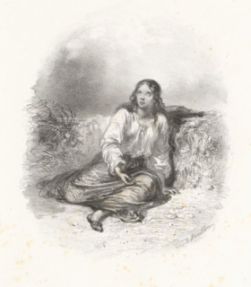 Sitting woman in nature looking up, print, printmaker: Adolphe Mouilleron, 1830 - 1881, paper,