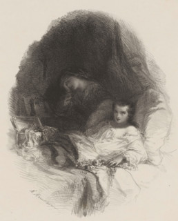 Child in white nightgown on bed, print, printmaker: Adolphe Mouilleron, 1830 - 1881, paper, chine