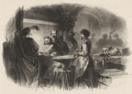 Men working in the forge, print, inscription: 'Imp Bertauts', signature: 'AM', printmaker: Adolphe