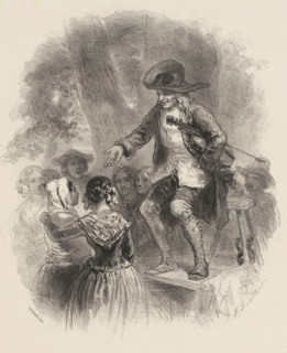 Man with violin speaks to an audience outside from a stage, print, printmaker: Adolphe Mouilleron,