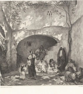 Cour interior au Maghreb, Dar Et-Tounoudje. (Constantine.), Woman and child with headscarf walking